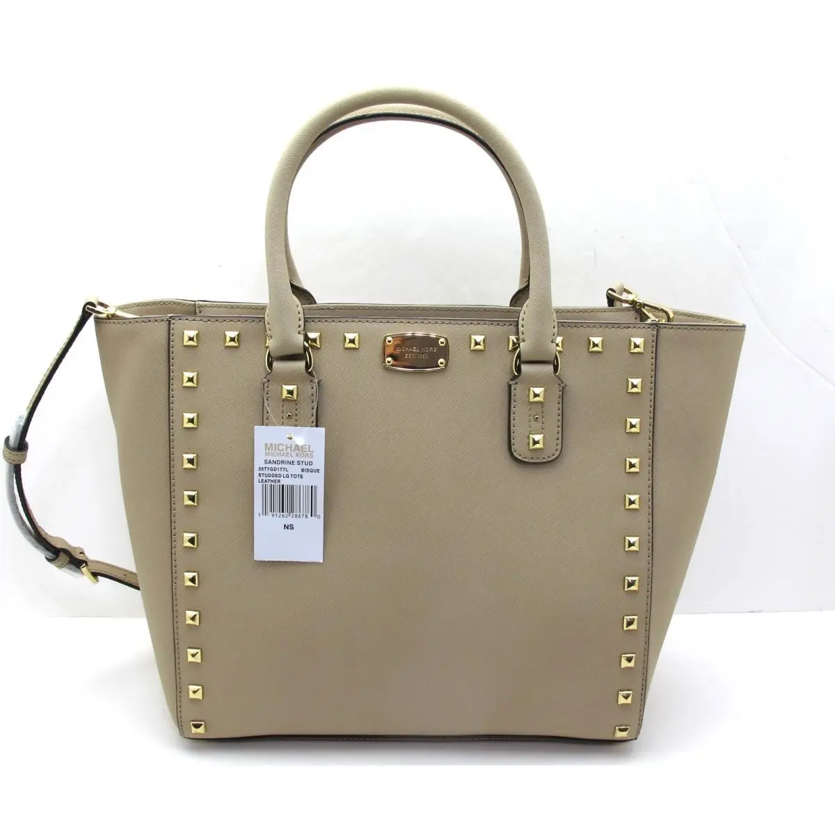 Michael Kors Sandrine Studs Saffiano Leather Large Satchel Tote Bisque/beige