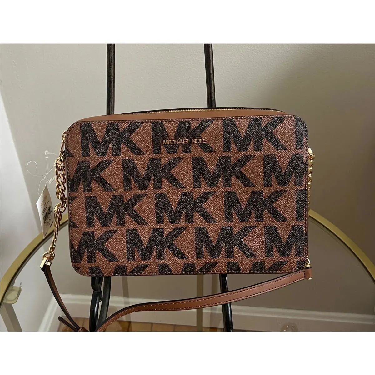 Michael Kors Brown Jet Set Leather Pebbled Luggage Medium Logo Crossbody Bag
