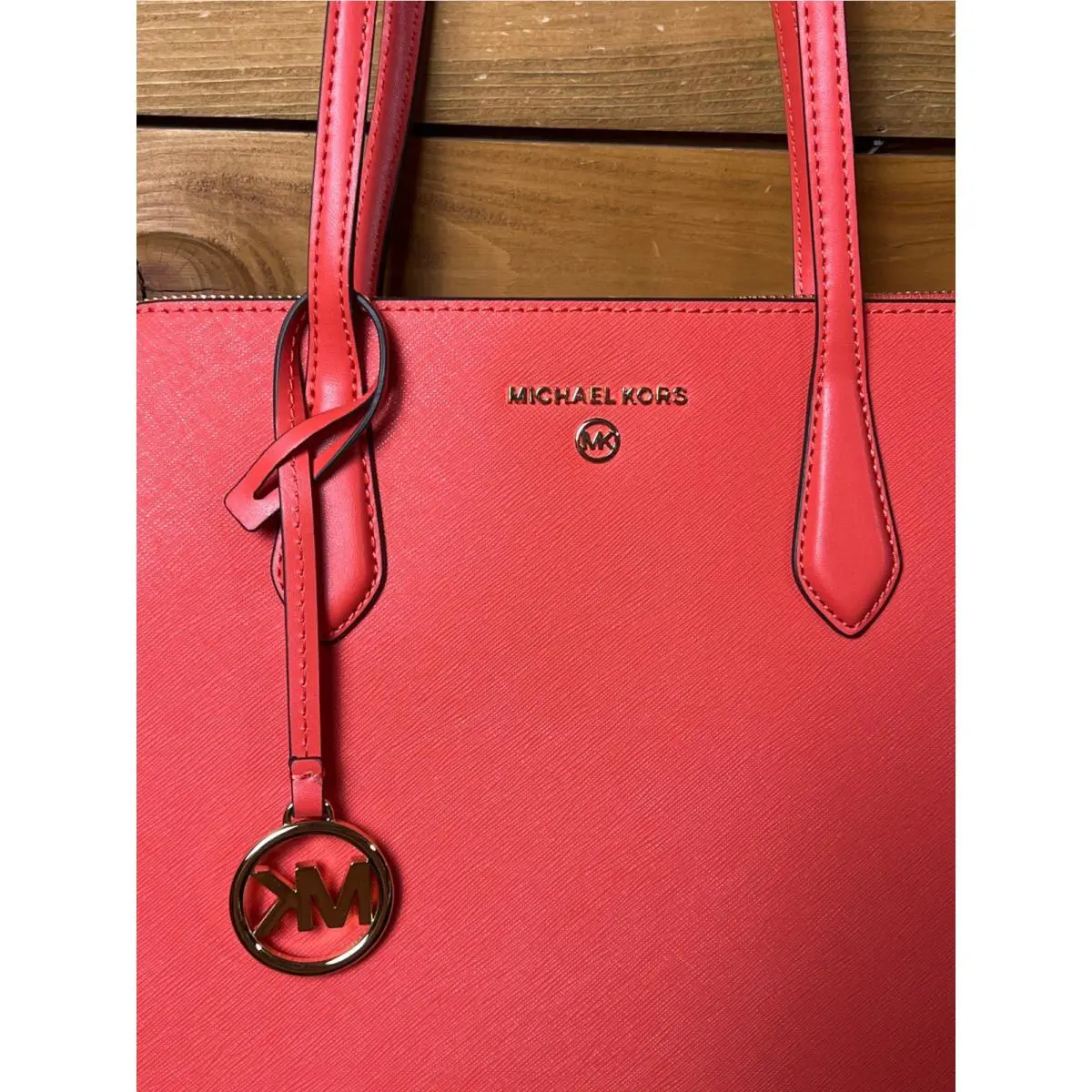Michael Kors Marilyn Medium TZ MK Tote Spiced Coral Leather Handbag Designer