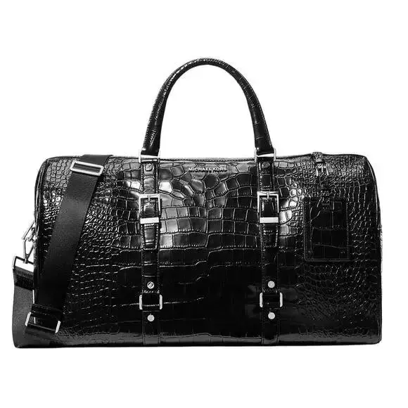 Michael Kors XL Metallic Crocodile Embossed Leather Weekender Bag Black