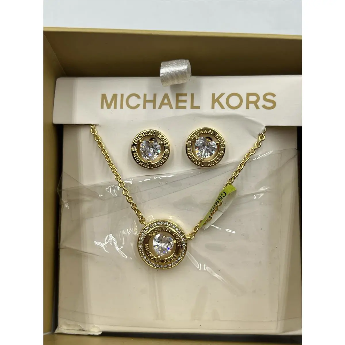 Michael Kors Set OF Gold Tone Heart Shape Crystal Necklace Earrings