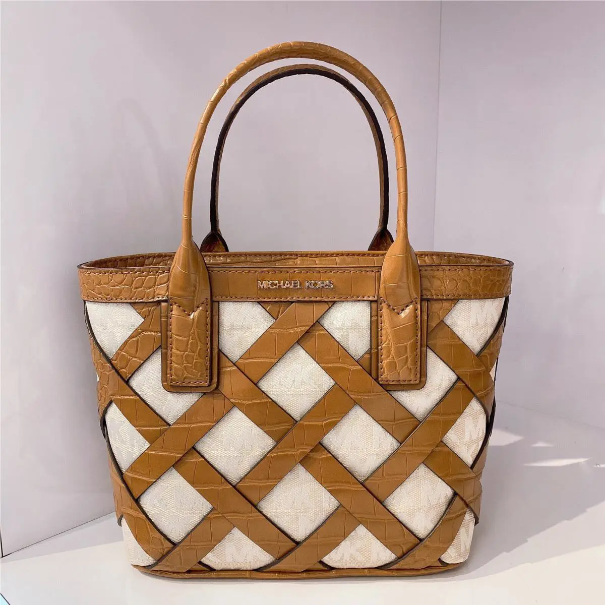 Michael Kors Sienna Small Tote Crossbody Shoulder Bag Walnut Leather Canvas