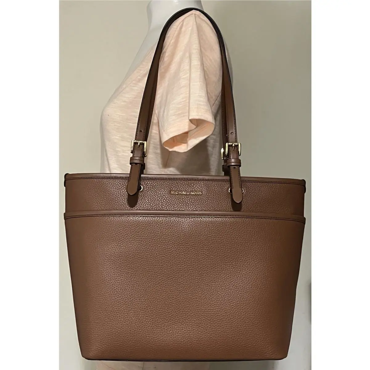 Michael Kors Winston Medium Top Zip Pocket Brown Leather Tote Shoulder Bag