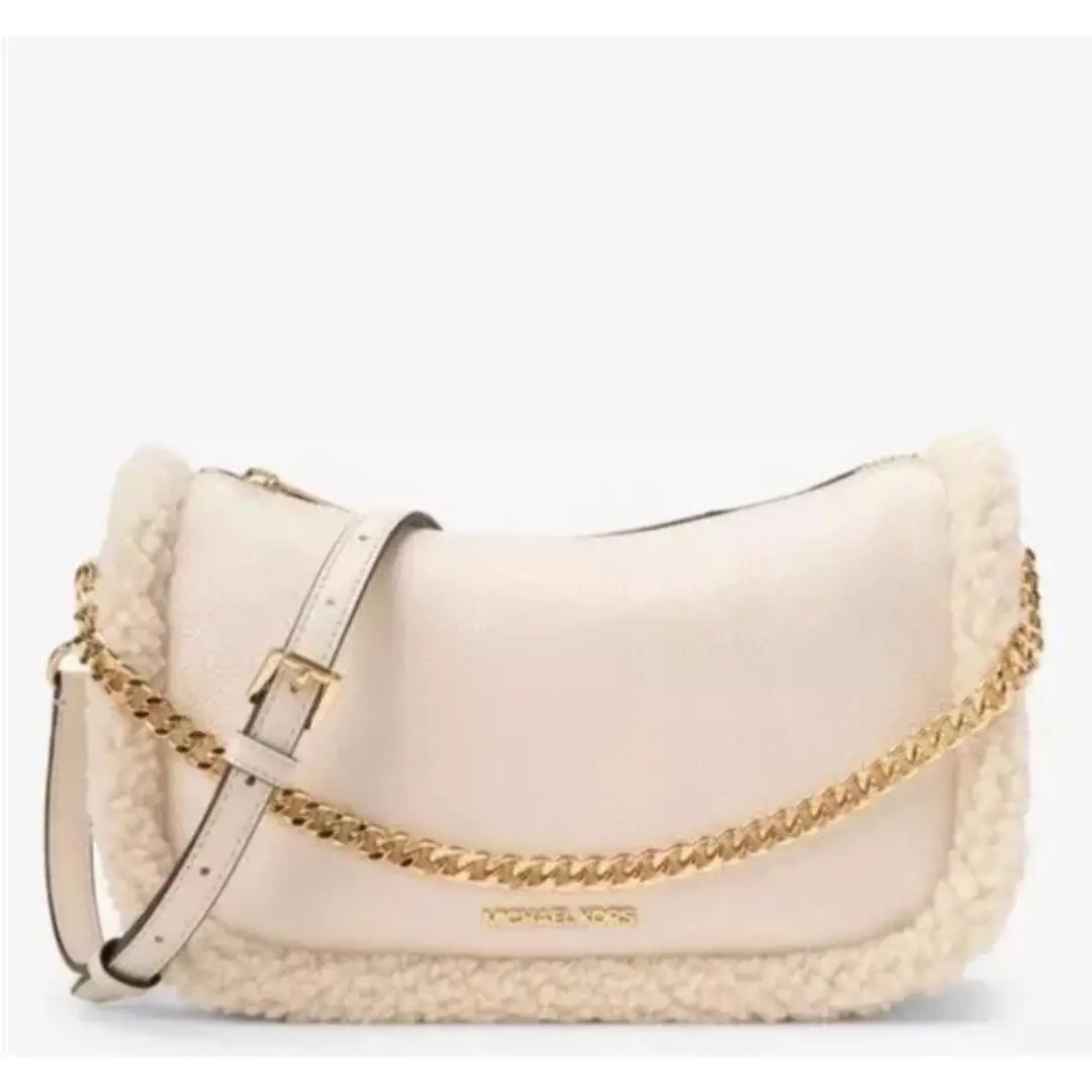 Michael Kors Carmela Pouchette Cross Body Bag Leather Shearling Fur Trim