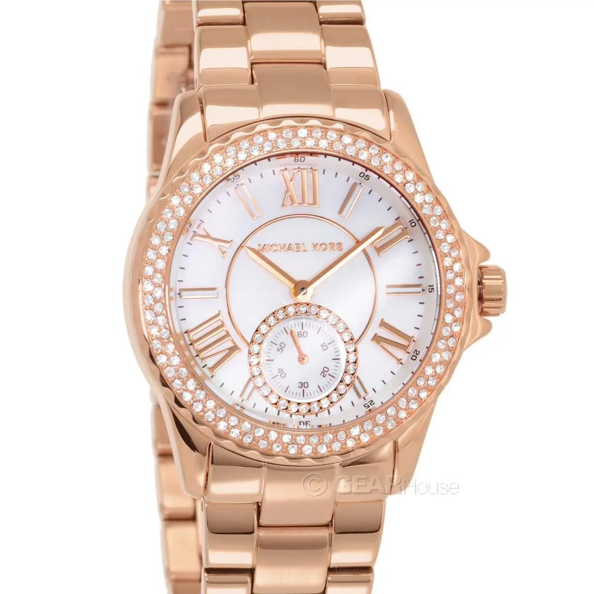 Michael Kors Everest Womens Pave Crystals Watch Mop Dial Rose Gold Steel Band