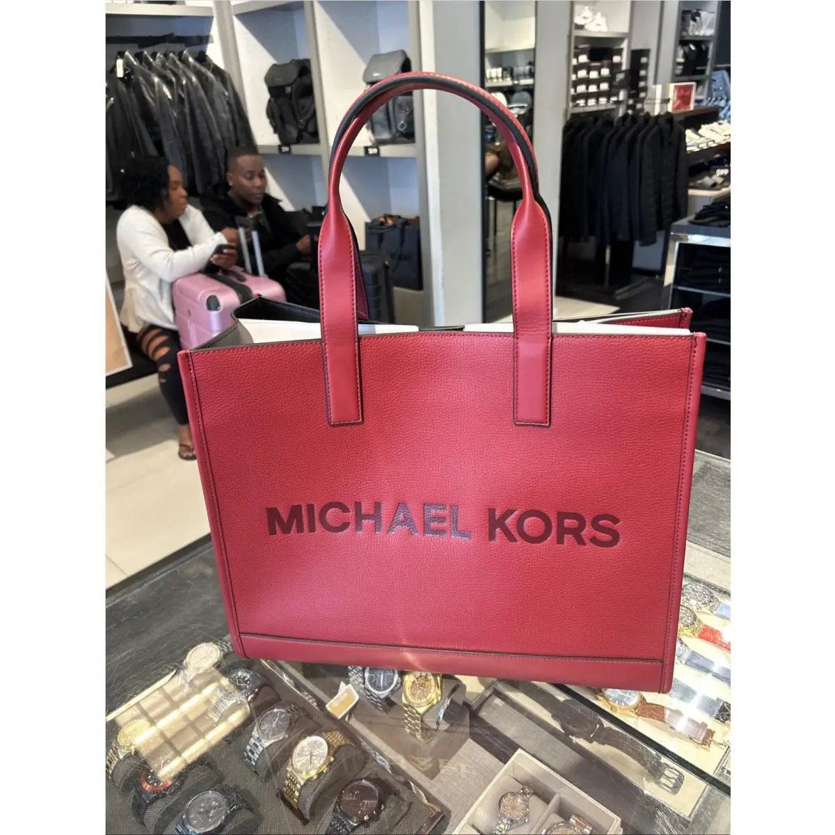Cooper Men MK Logo Embossed Pebbled Leather Tote Handbag Cherry by Michael Kors