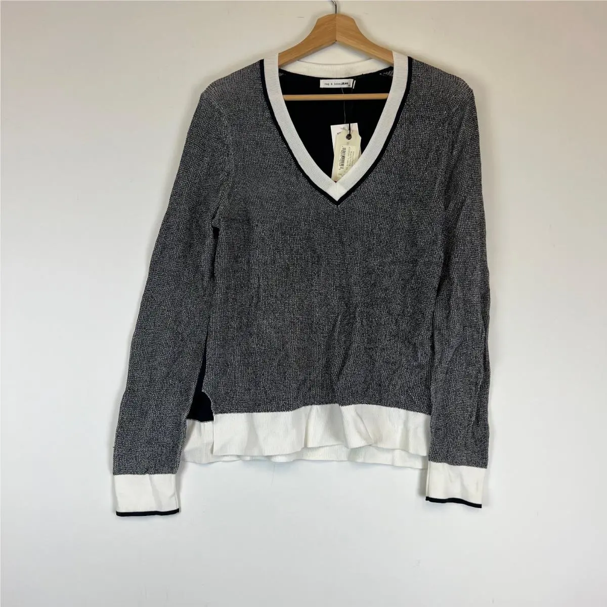 Rag Bone Ainsley V Neck Cotton Blend Knit Stretch V Neck Pullover Sweater