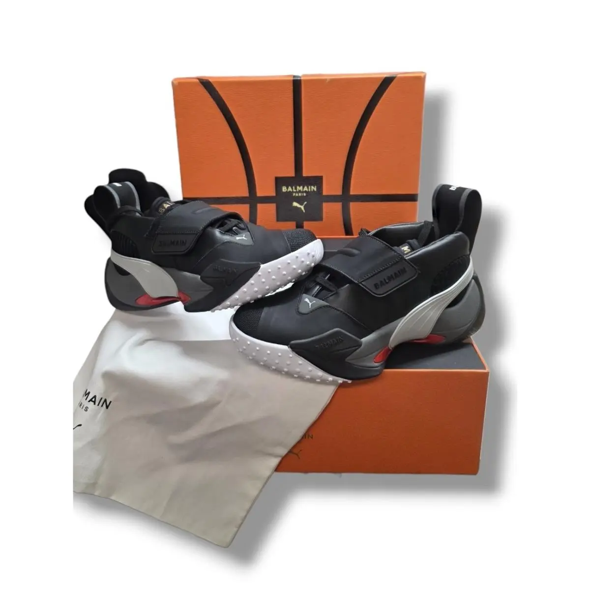 Puma X Balmain Court Basketball Shoes Sneakers Black High Risk Red Men`s Size 6