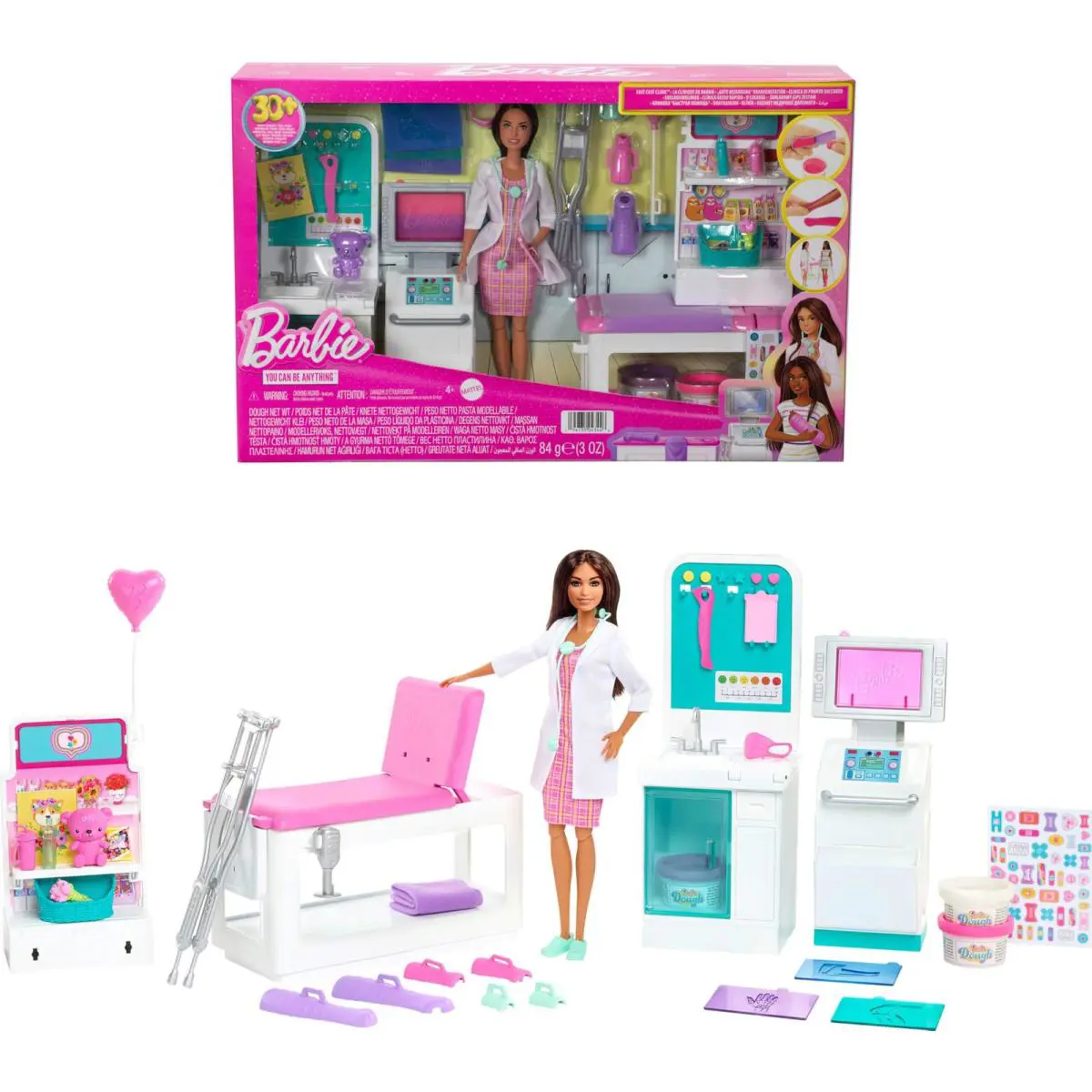 Barbie Fast Cast Clinic Playset Brunette Doctor Doll 30+ Pcs 4 Play Areas