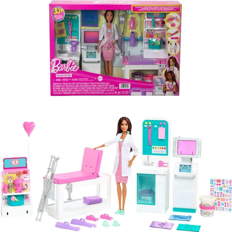 Barbie Cast Clinic Playset Brunette Barbie Doctor Doll 30 Play Pieces 4 Play