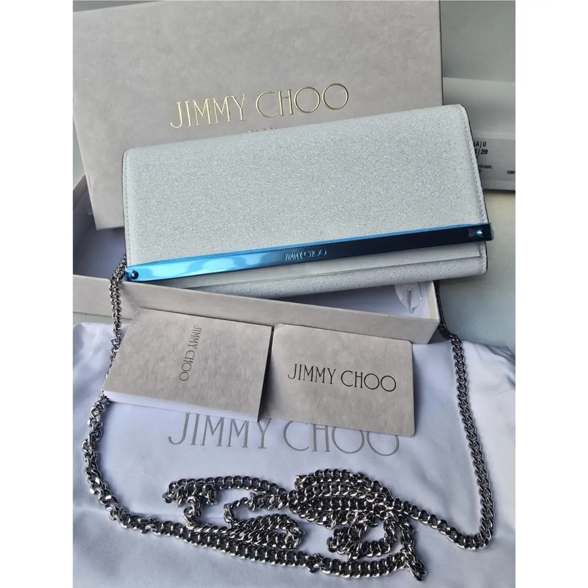 Jimmy Choo Clutch Crossbody Bag White Milk Glitter Silver Chain Choo Logo Milla