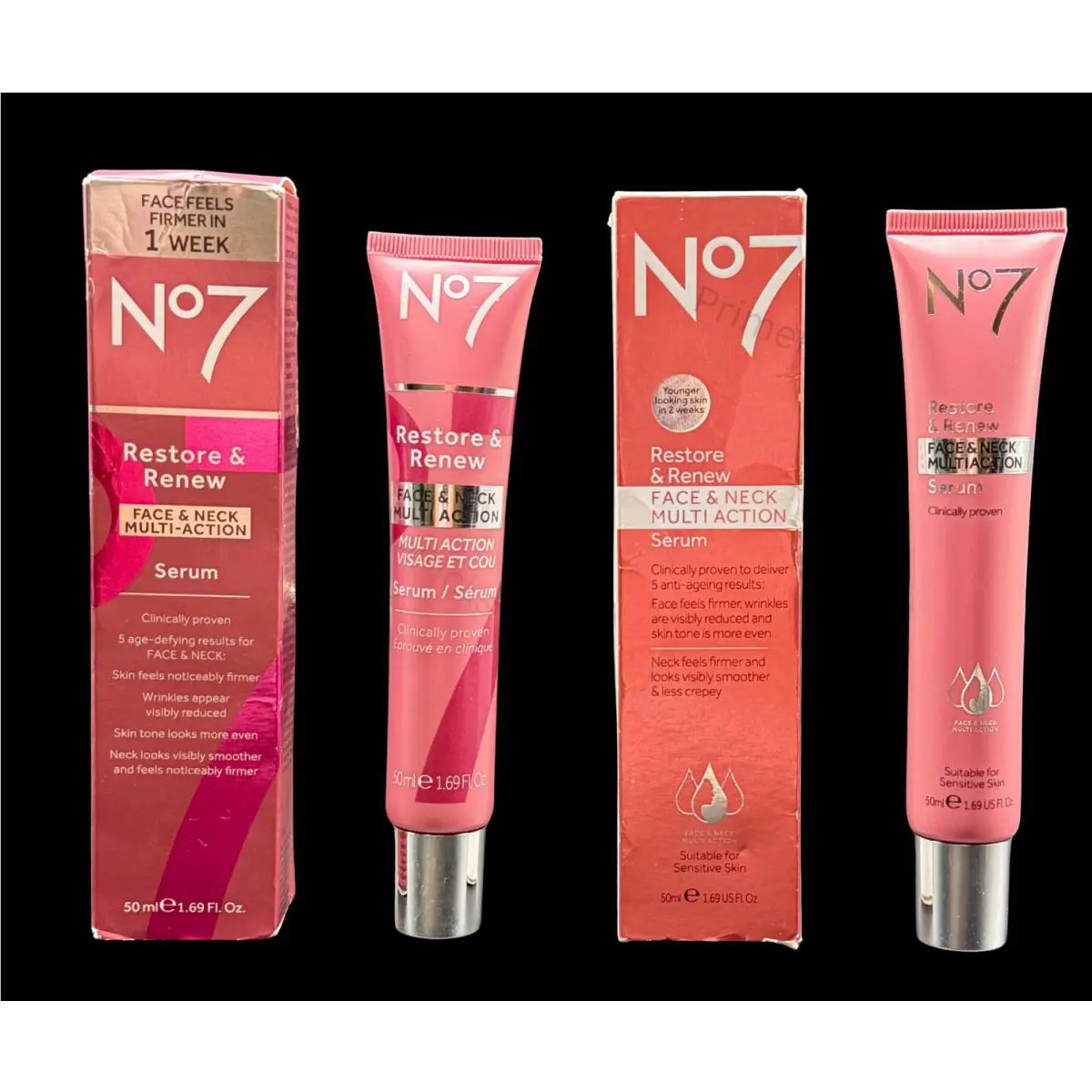 Lot of 2 No7 Restore Renew Face Neck Multi Action Serum 50ml Each