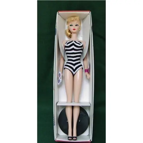 1 Barbie Blond Curly Bangs Ponytail Repro Mib w Stand Swimsuit Shoes Glasses