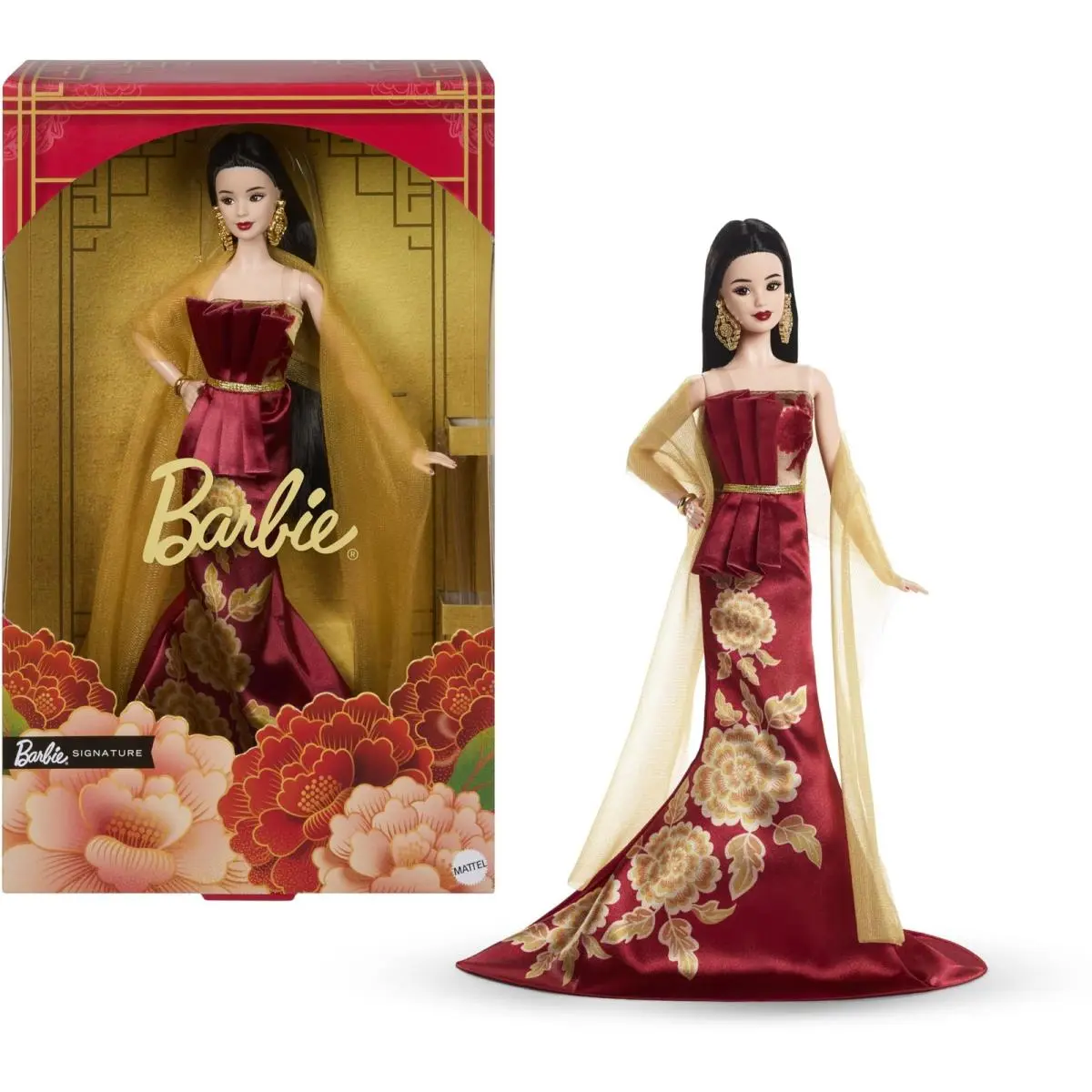 Barbie Signature Lunar Year Fashion Doll Wearing Red Dress with Golden Peony