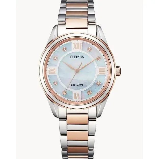 Citizen EM0876-51D Arezzo Eco-drive Diamond Mother-of-pearl Dial Ladies Watch - Dial: Mother-of-pearl, Band: Silver, Rose Gold, Bezel: Rose Gold