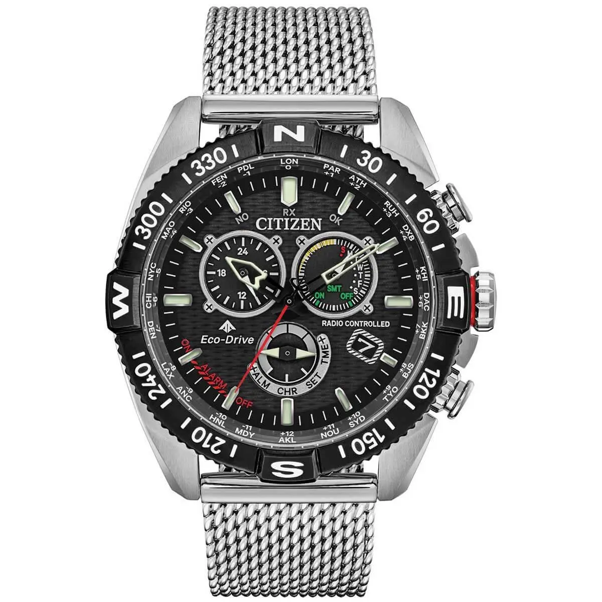 Citizen CB5840-59E Men`s Promaster Navihawk Mesh Bracelet Watch - Dial: Black, Silver, Band: Silver
