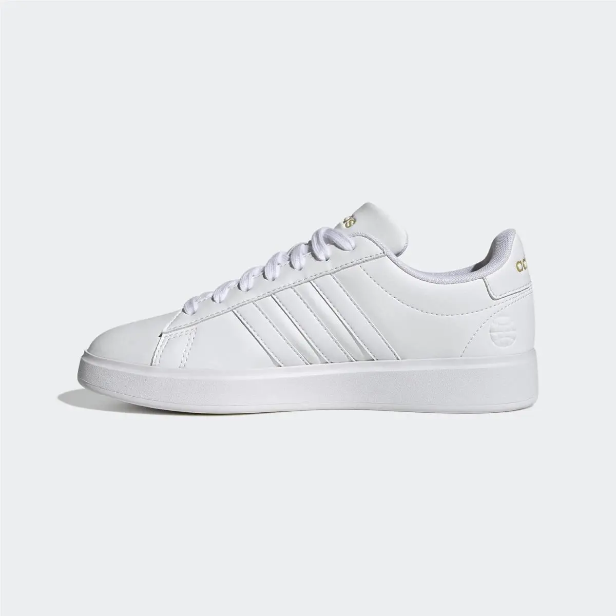 Adidas Women`s Grand Court 2.0 Tennis Shoe Solid White with Gold Logo