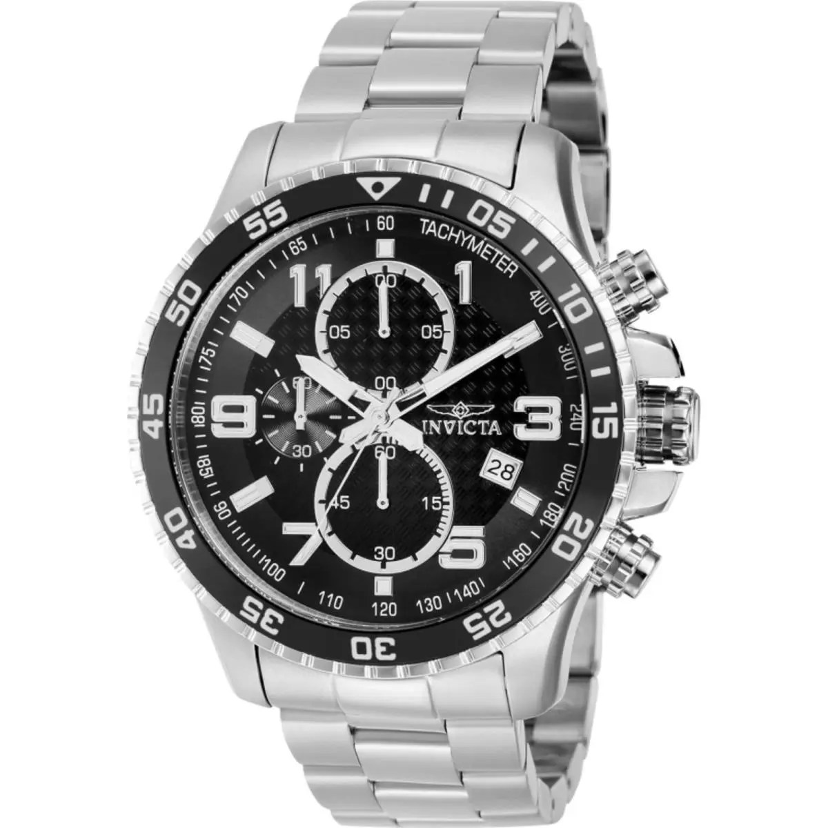 Invicta Men`s Watch Specialty Chronograph Black Dial Silver Steel Bracelet 37146 - Dial: Black, Band: Silver