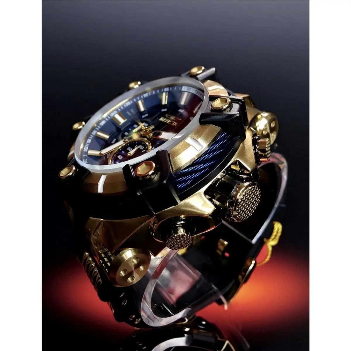 Invicta 39187 Bolt Surge Mens Chronograph Quartz Analog Wristwatch 52mm - Dial: Blue, Band: Black, Bezel: Black & Gold