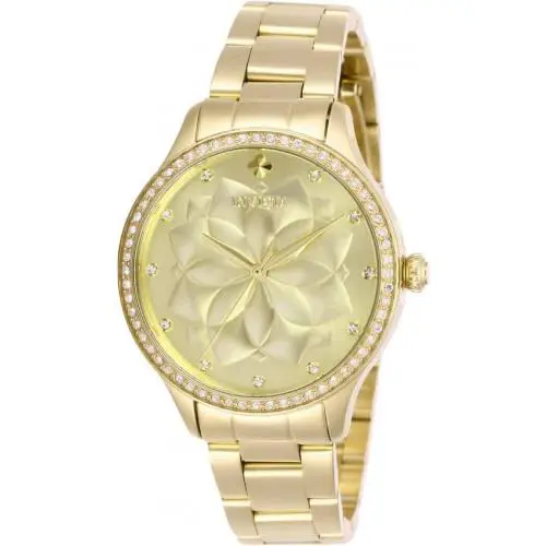 Invicta Wildflower Quartz Crystal Gold Dial Ladies Watch 28056 - Dial: Gold, Band: Gold, Bezel: Yellow Gold-tone