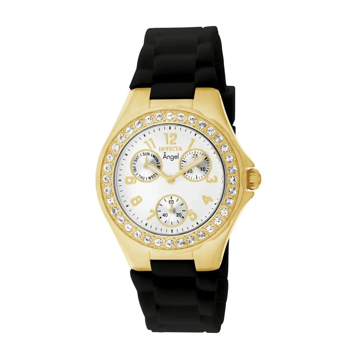 Invicta Women`s Watch Angel White Dial Yellow Gold Case Black Strap 1643