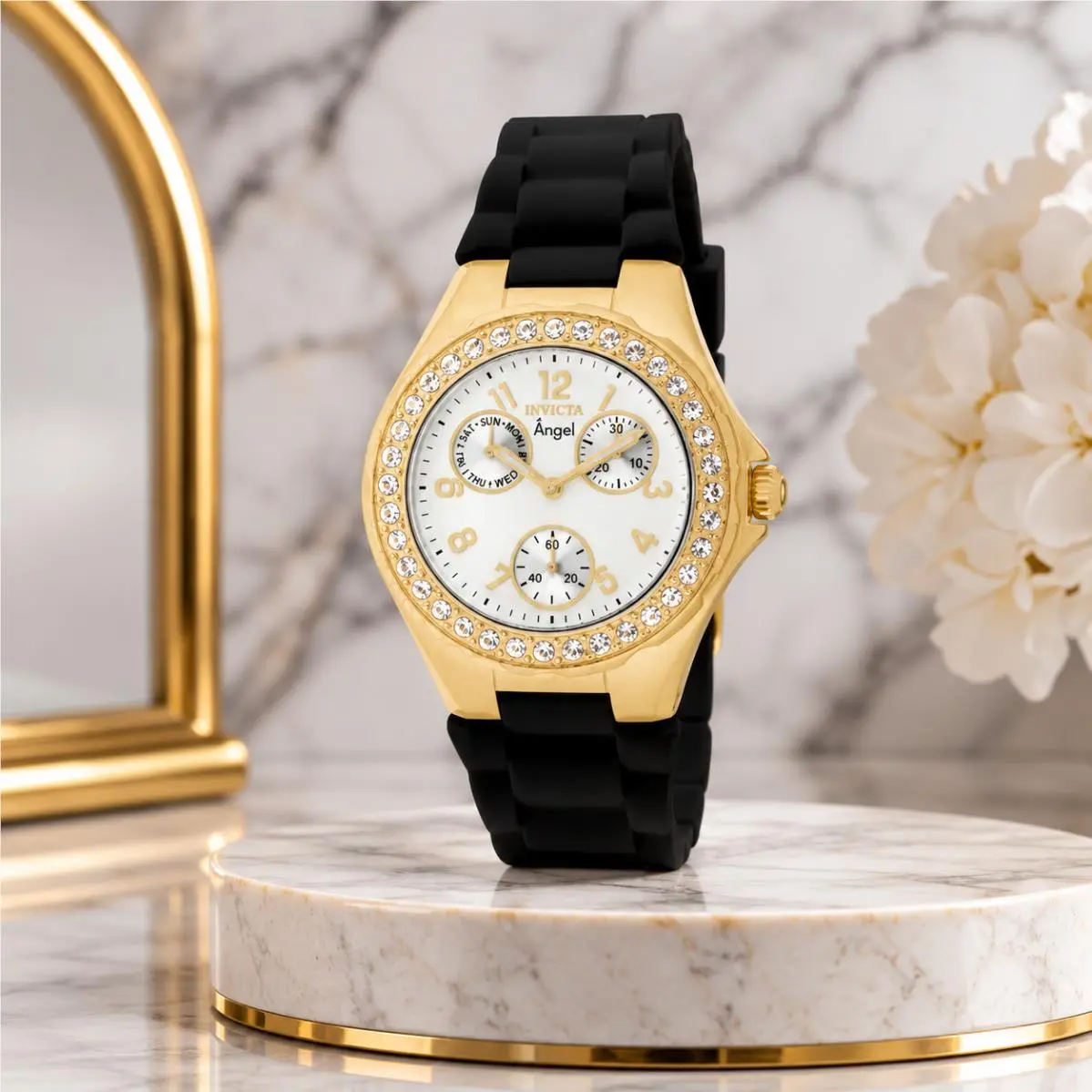 Invicta Angel Women`s 38mm Quartz White Dial Gold Black Silicone 1643