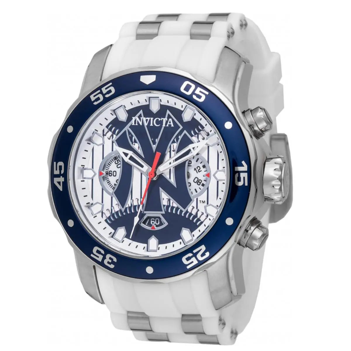 Invicta Mlb York Yankees Men`s 48mm Watch Ltd Ed Silver Blue White 49874 - Dial: Black, Blue, Silver, White, Band: White, Bezel: Blue, Silver