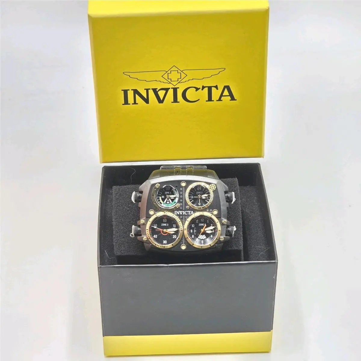 Aviator Zulu Black Stainless Steel Bracelet Quad Time 51mm Watch by Invicta