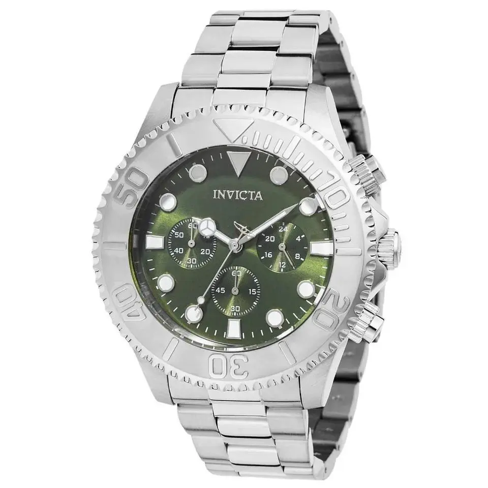 Invicta Pro Diver Men`s 47mm Watch Silver Tone Green Chronograph Dial 49214