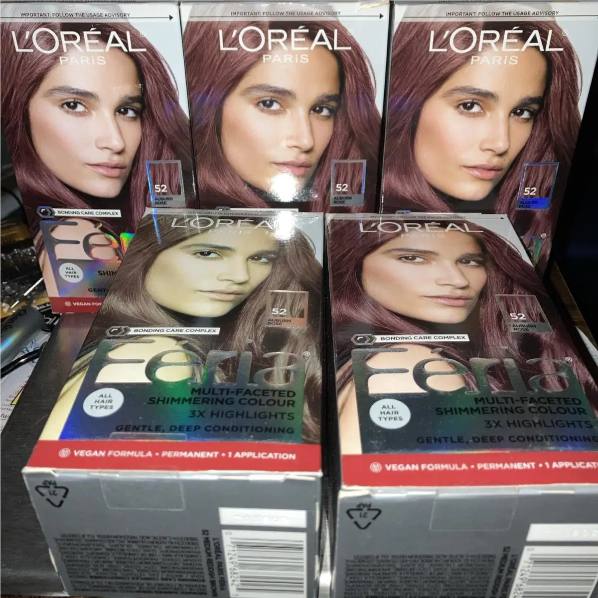 5 Boxes of L`oreal Paris Feria Shimmering Permanent Hair Color 52 Auburn Rose