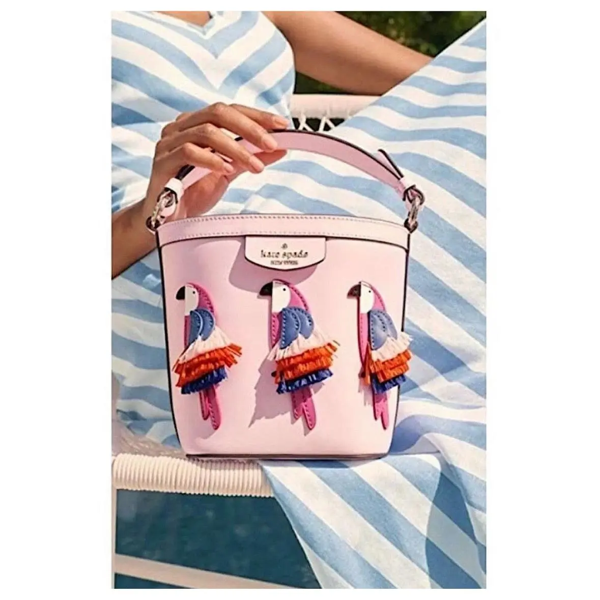 Kate Spade Pippa Flock Party Parrot Small Bucket Crossbody Bag Pink Novelty
