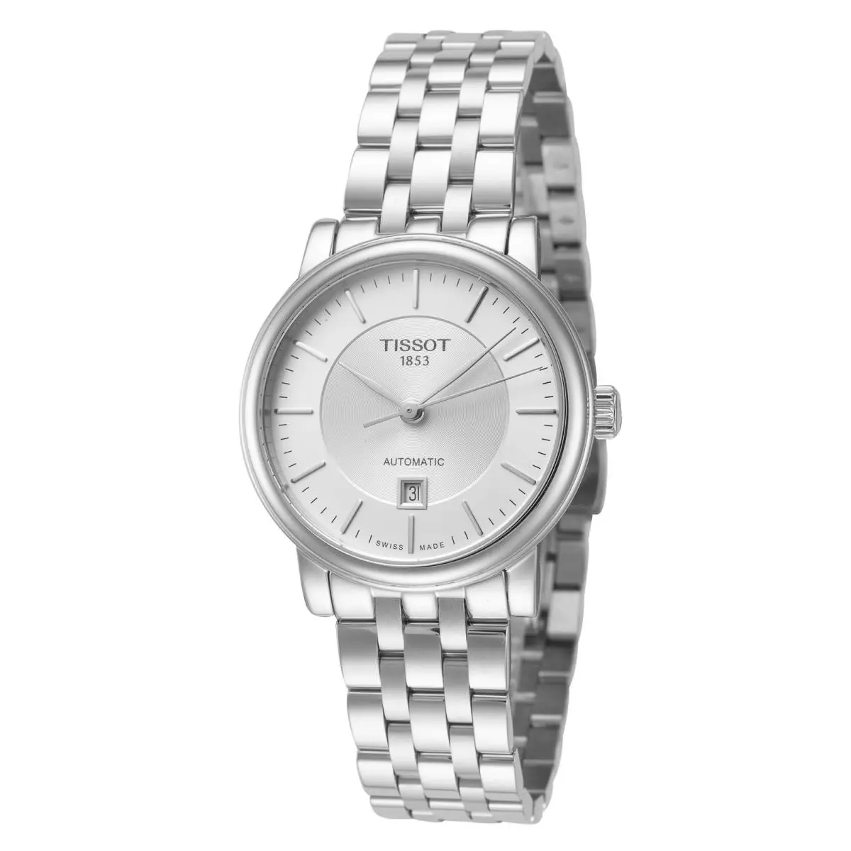 Tissot Women`s Carson 30mm Automatic Watch T1222071103100 - Dial: Silver, Band: Silver, Bezel: Silver
