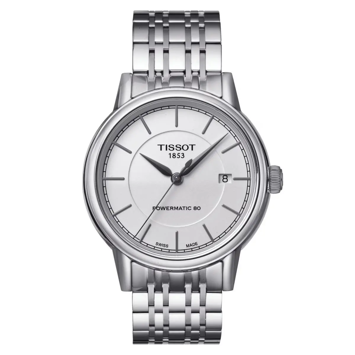 Tissot Carson Powermatic 80 39mm Stainless Steel Mens Watch T0854071101100 - Dial: White, Band: Silver, Bezel: Silver