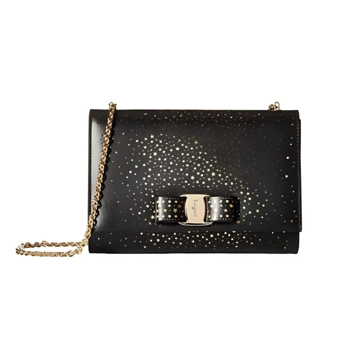 Salvatore Ferragamo Nero Crossbody Black Gold Glitter Leather Handbag Purse