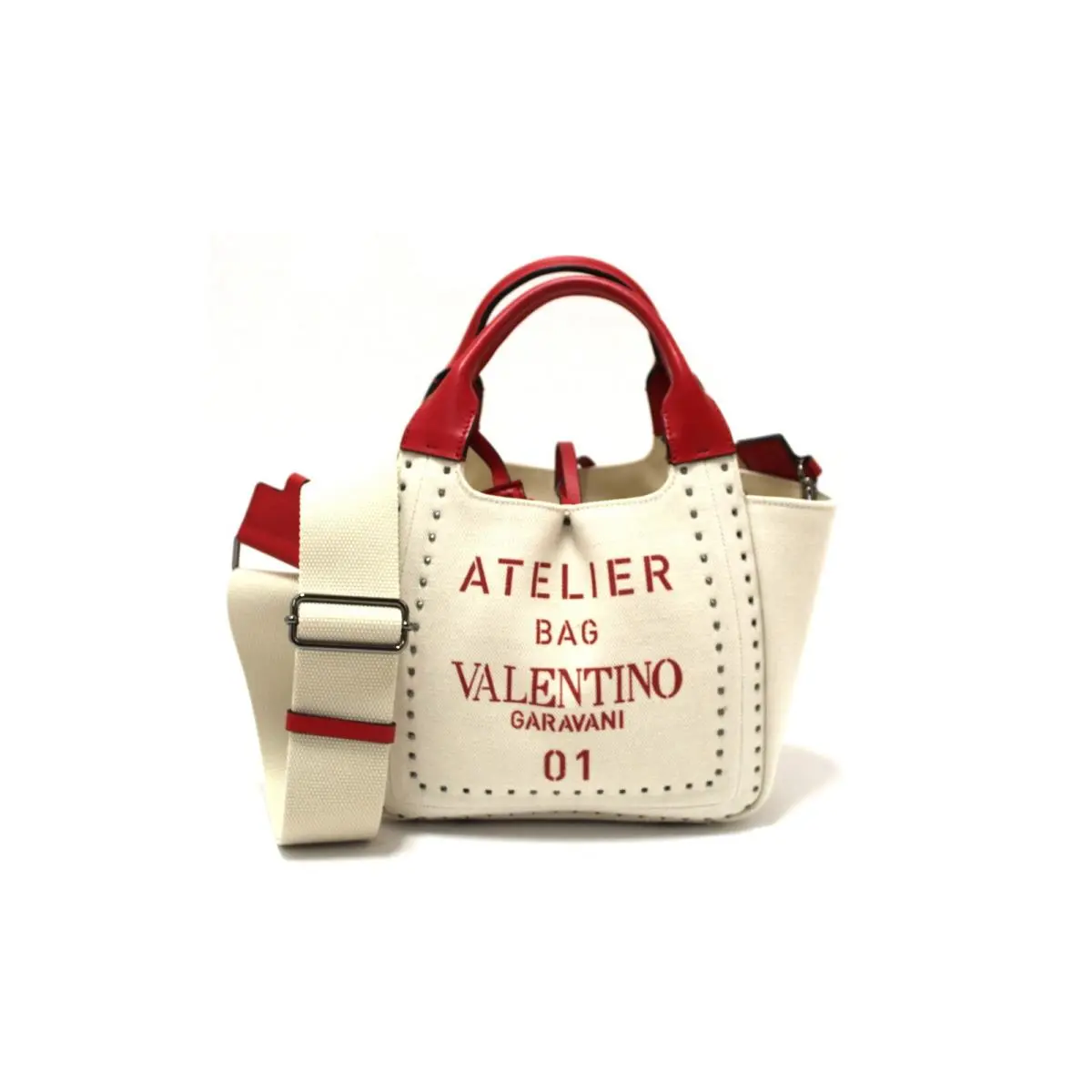 Valentino Garavani White Atelier Metal Stitch 01 Canvas Mini Tote Bag Authen