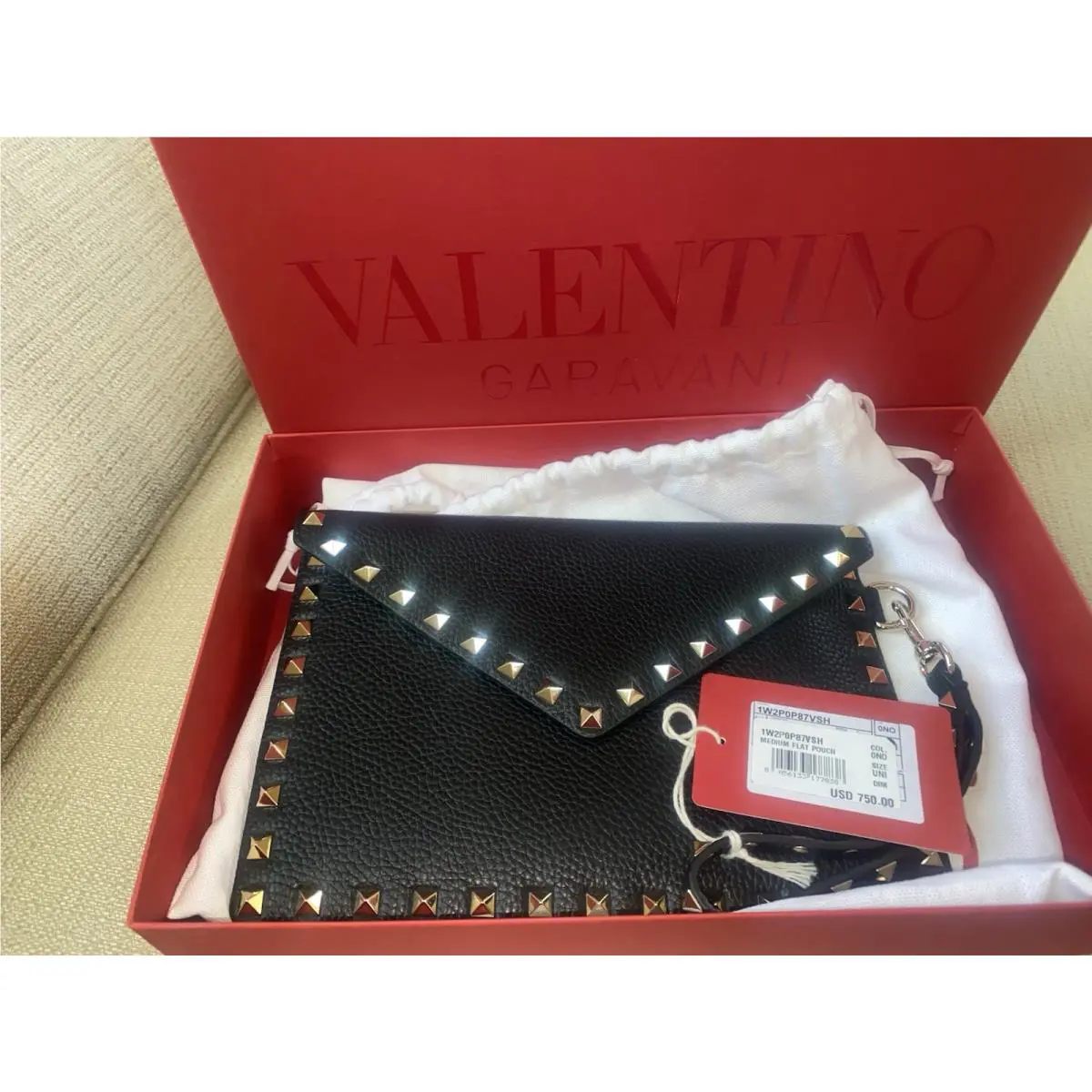 Valentino Rockstud Envelope Pouch Black Leather Clutch