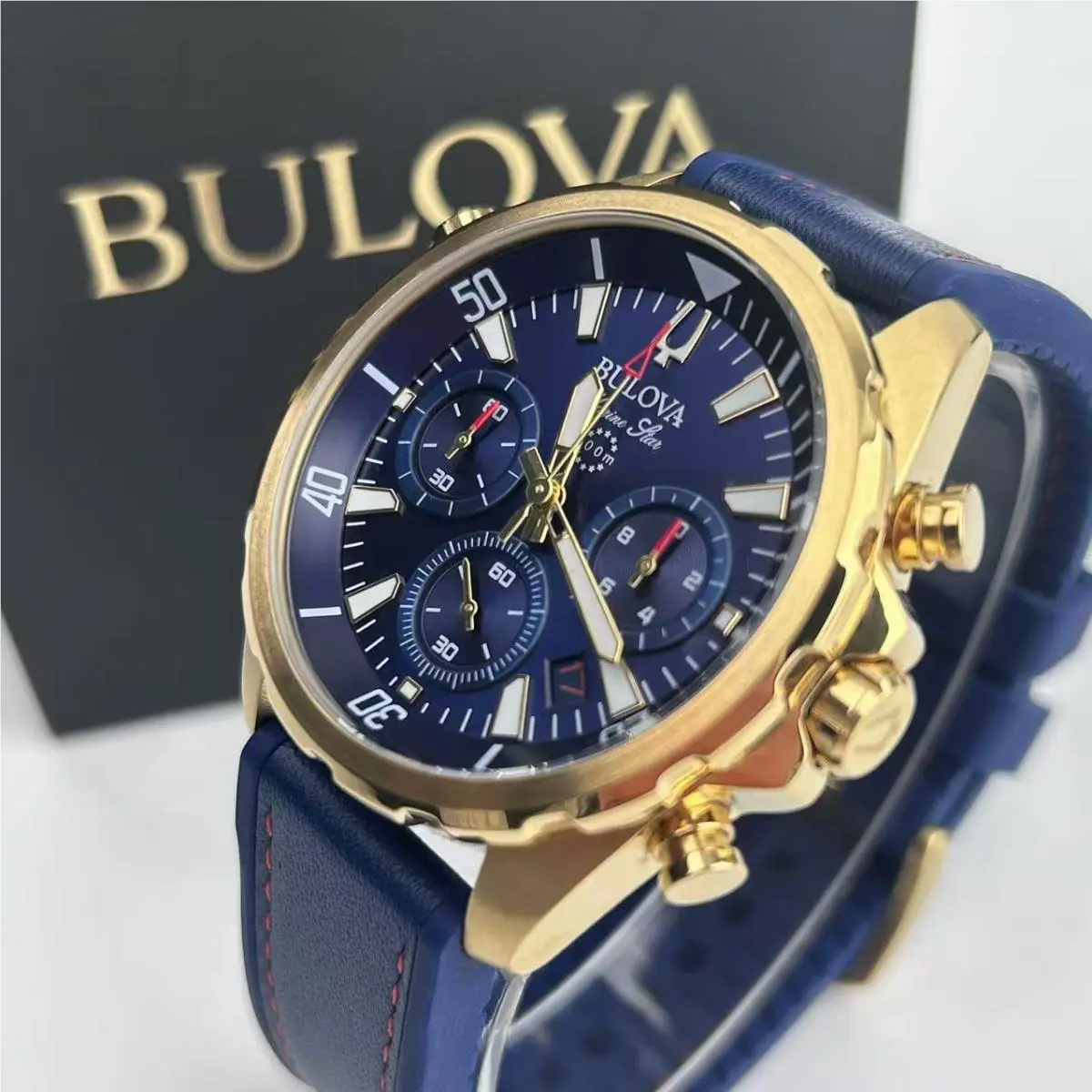 Bulova 97B168 Men`s Marine Star Chronograph Quartz Watch Blue Dial Rubber Strap