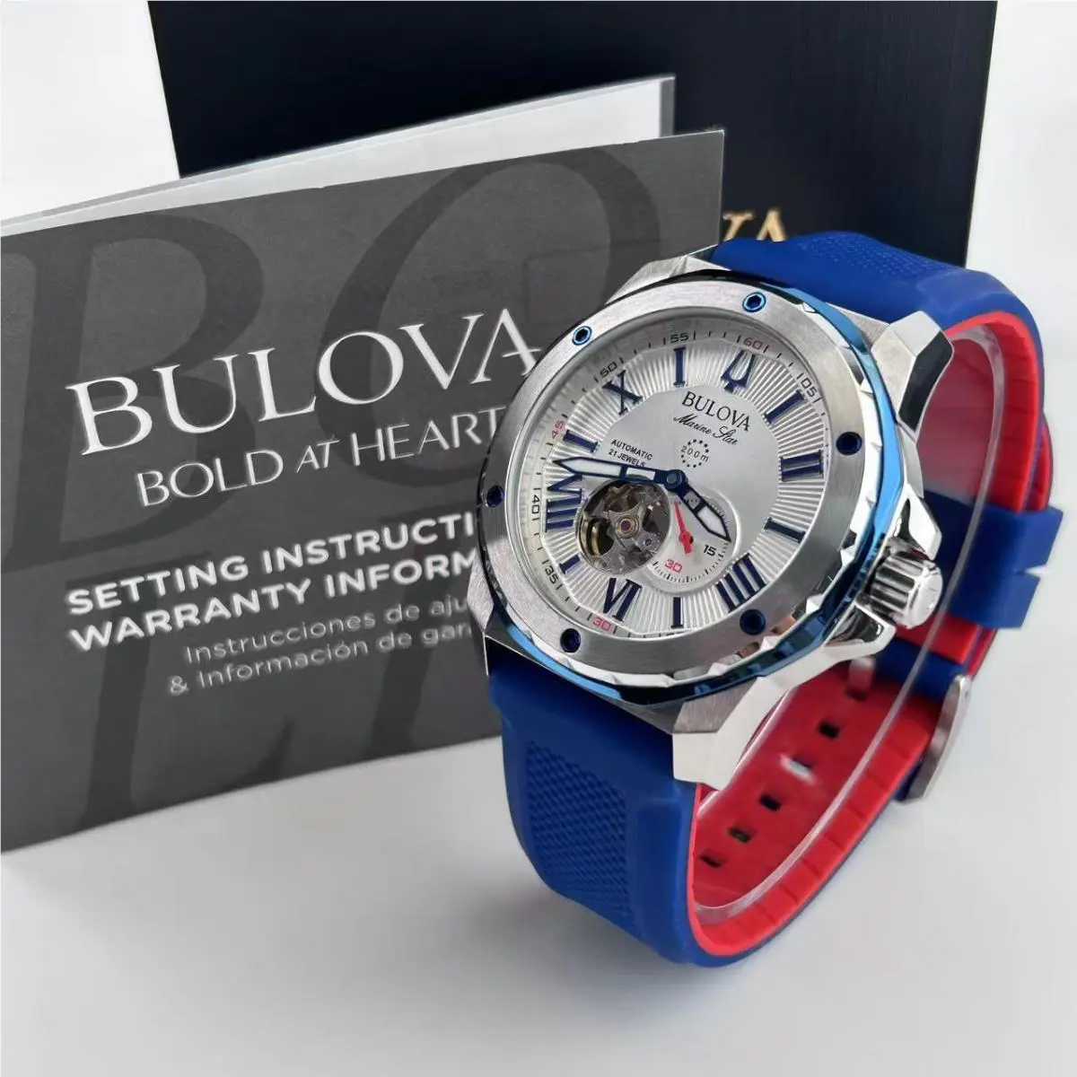 Bulova Marine Star White Dial Blue Rubber Strap Men`s Automatic Watch 98A225