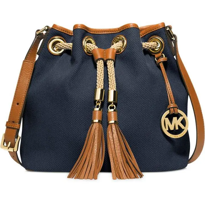 Michael Kors Marina Large Navy Canvas Logo Drawstring Tassel Shoulder Bag
