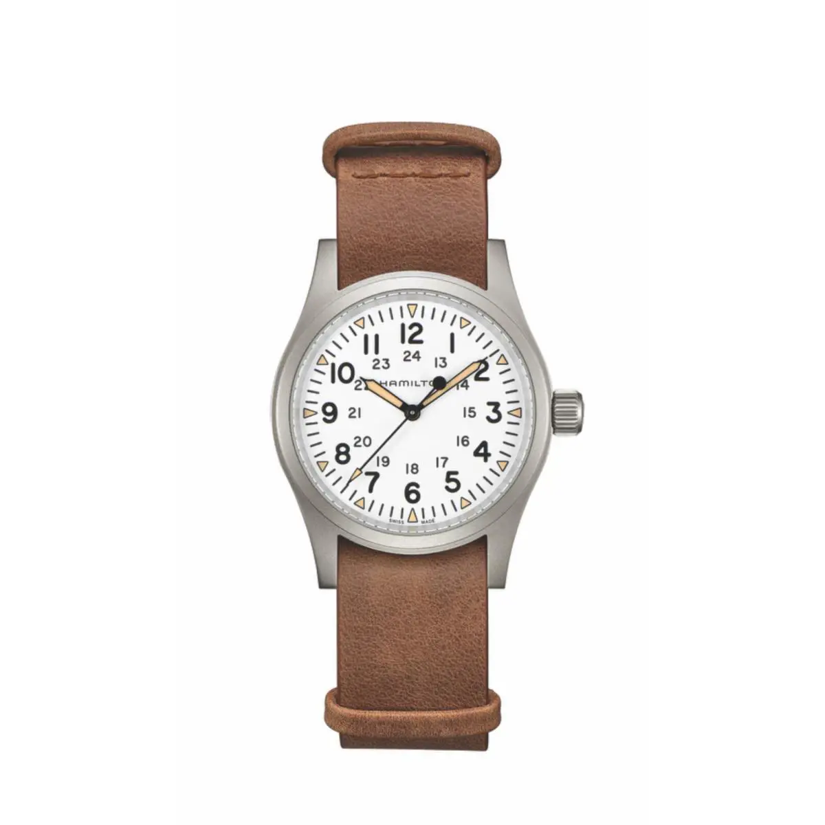 Hamilton H69439511 Khaki Field Mechanical 38 mm White Dial Leather Men`s Watch - Dial: White, Band: Brown, Bezel: Silver