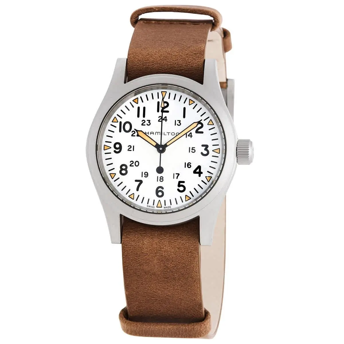 Hamilton Khaki Field Hand Wind White Dial Men`s Watch H69439511 - Dial: White, Band: Brown, Bezel: Silver