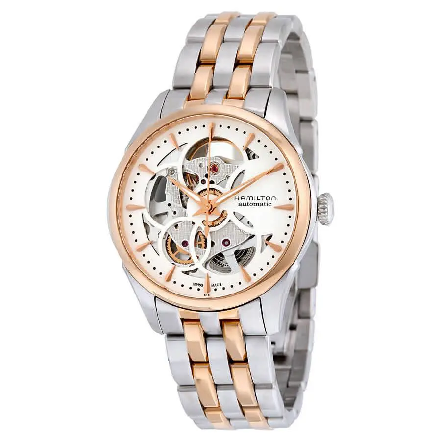 Hamilton Jazzmaster Automatic Skeleton Dial Ladies Watch H32425251 - Dial: White, Band: Silver, Pink, Bezel: Pink