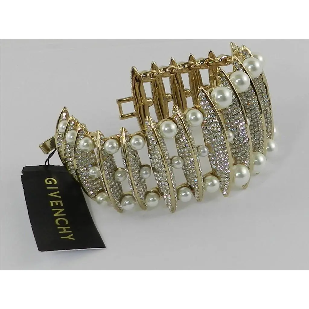 Givenchy Gold-tone Artificial Pearl Crystal Pav Wide Ladder Link Bracelet