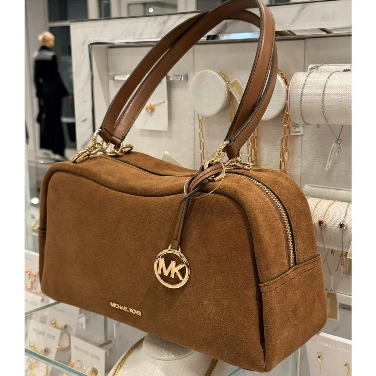 Michael Kors Cecily Medium Shoulder Purse Bag Suede Leather Luggage