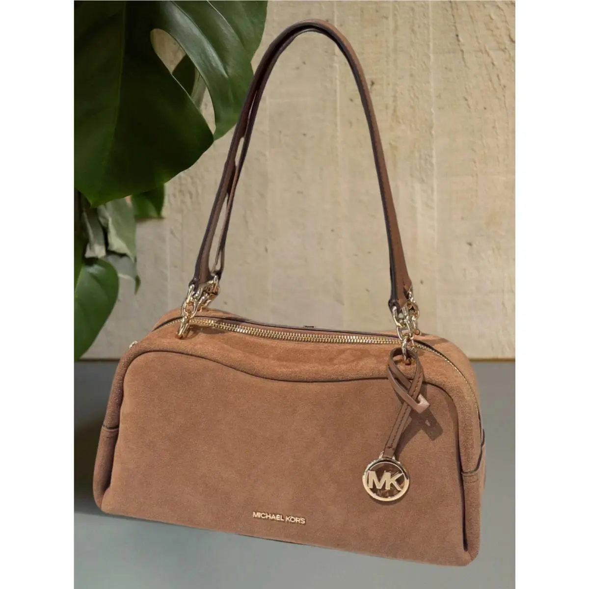 Cecily Women Medium MK Charm Suede Shoulder Purse Bag Luggage by Michael Kors