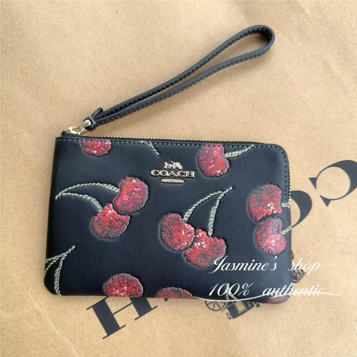 Corner Zip Wristlet with Cherry Print CDF05 Silver Black/chalk Multi CDF05/black multi by Coach