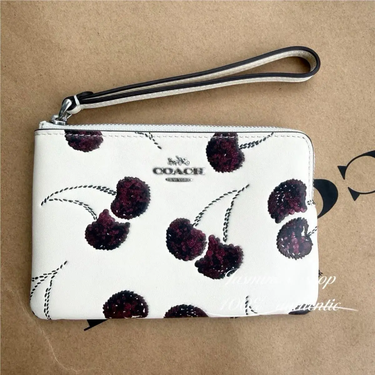 Corner Zip Wristlet with Cherry Print CDF05 Silver Black/chalk Multi CDF05/chalk multi by Coach