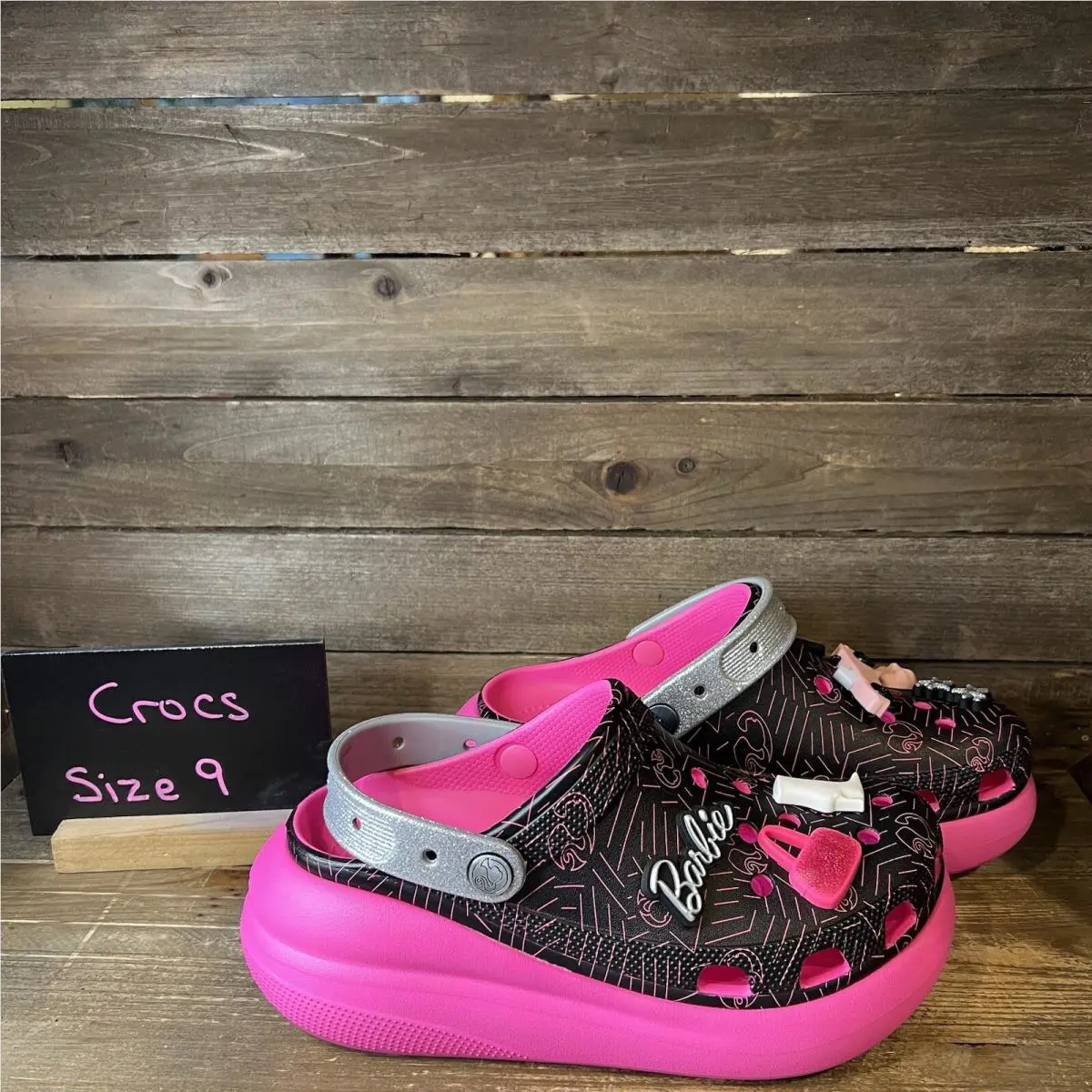 Crocs Womens Barbie Crush Croc Clog Black Pink Silhouette with Jibbitz Size 9