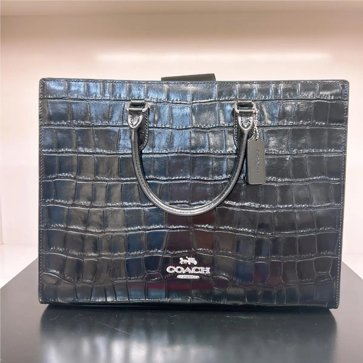 Coach CY667 Maggie Tote Bag Silver/black Crocodile-embossed Leather