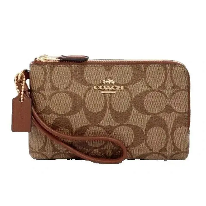 Coach Double Corner Zip Signature Leather Wristlet Wallet Khaki Saddle F87591